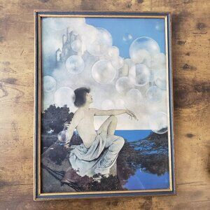 AIR CASTLES Maxfield Parrish antique lithograph print in art deco frame